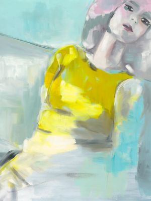 Jade Ölbild einer Frau mit gelben Oberteil